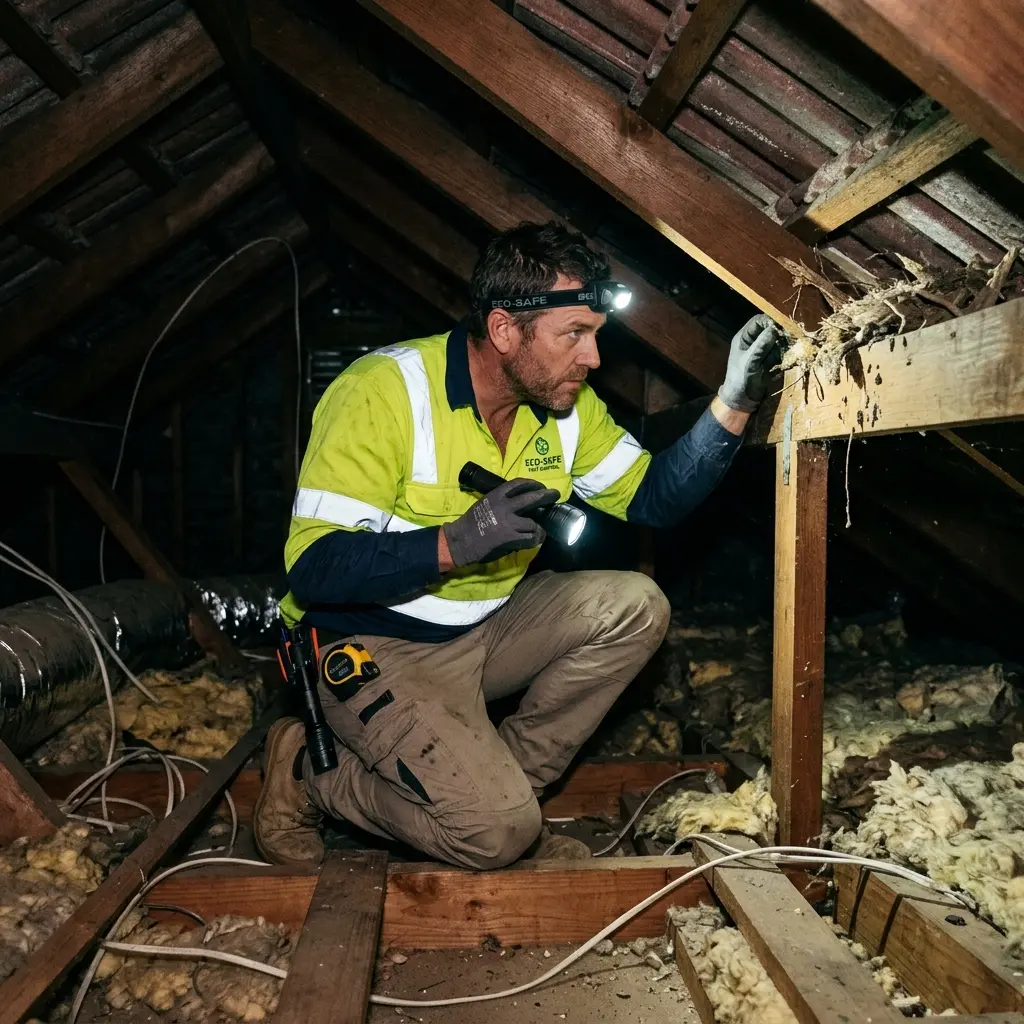 Technician inspecting a roof cavity for a dead animal in Taylors Lakes