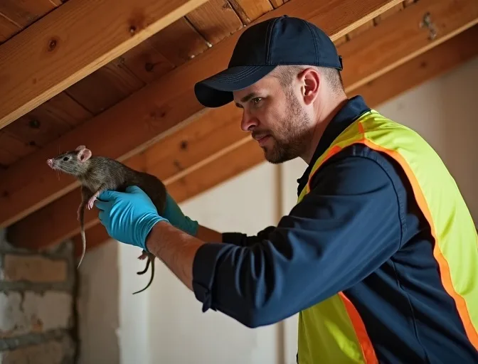 Technician inspecting a roof cavity for a dead rat in Taylors Lakes